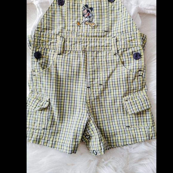 Vintage Plaid Disney Mickey Baby Overall Shorts Size 3 Months With Linen Shirt - Picture 3 of 8